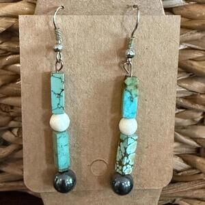 Blue-Green and White Stone Bead Earrings with Hematite Finials